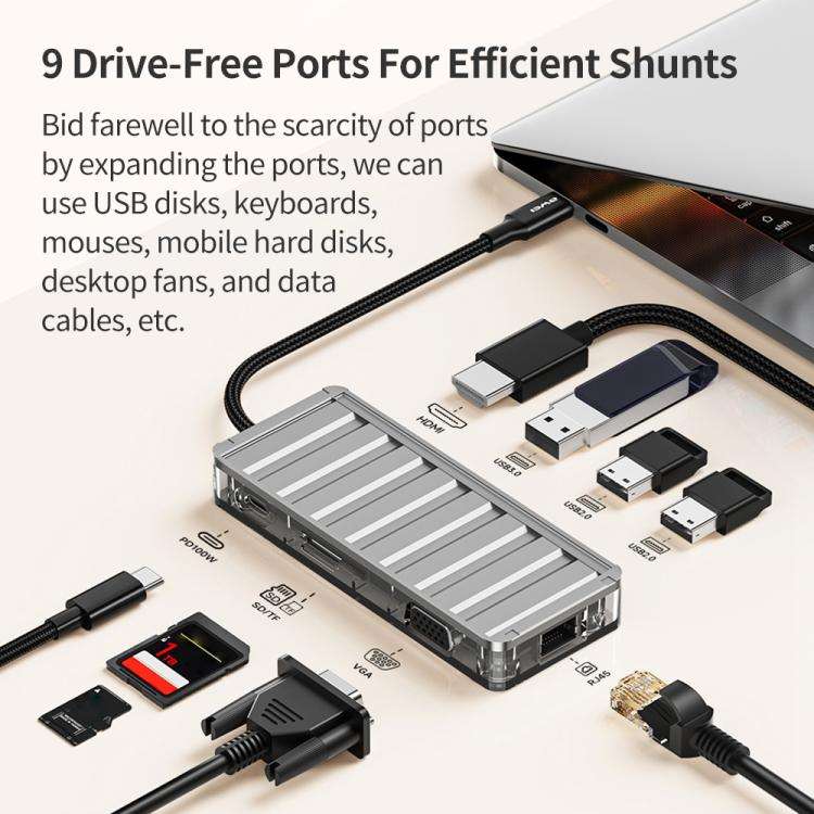 awei HUB-3 Multi-function 9 in 1 Type-C HUB Adapter(Grey)