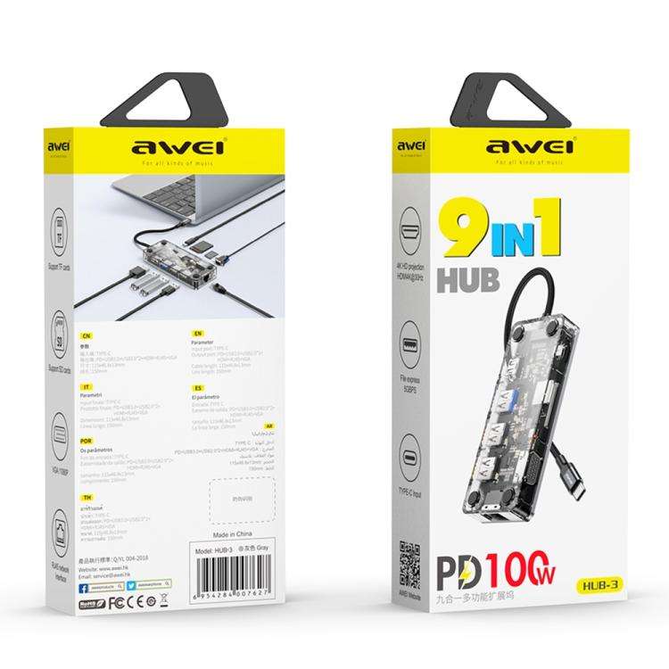 awei HUB-3 Multi-function 9 in 1 Type-C HUB Adapter(Grey)