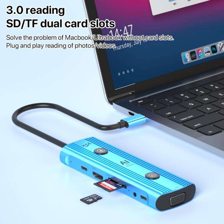 YCE V261 13 in 1 USB-C / Type-C HUB Adapter AI Docking Station(Blue)
