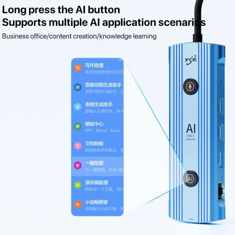 YCE V261 13 in 1 USB-C / Type-C HUB Adapter AI Docking Station(Blue)