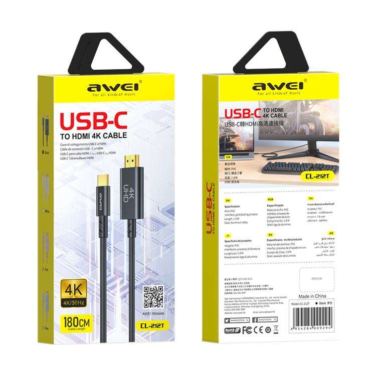 awei CL-212T USB-C / Type-C to HDMI 4K 30Hz HD Adapter Cable, Length:1.8m(Black)