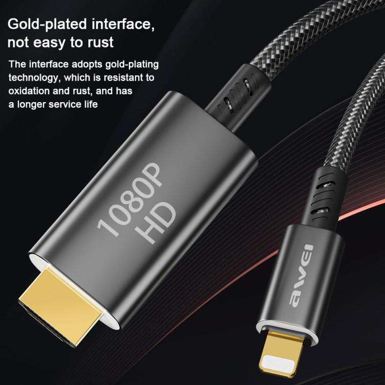 awei CL-213L 8 Pin to HDMI 1080P HD Adapter Cable, Length:1.8m(Black)
