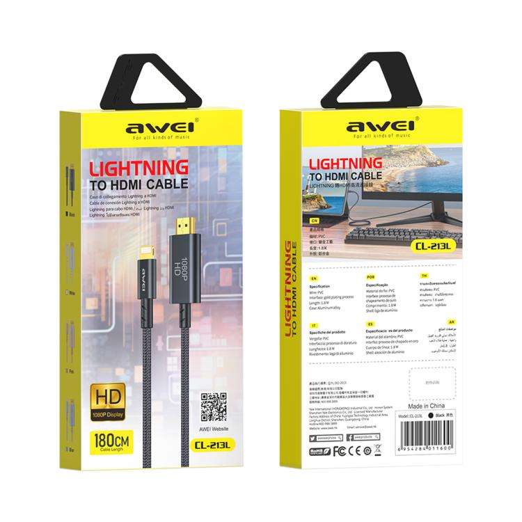 awei CL-213L 8 Pin to HDMI 1080P HD Adapter Cable, Length:1.8m(Black)