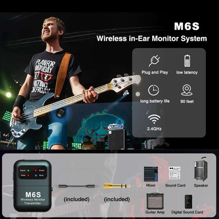 M6S Stereo Wireless In-Ear Monitor System 2.4G Transmitter & Receiver(Black)