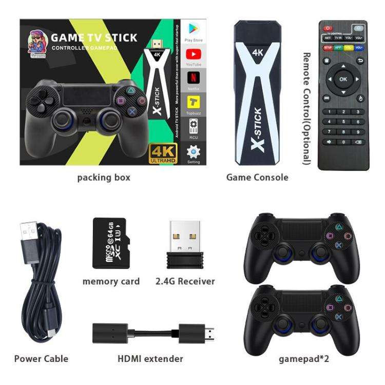 M10 4K Ultra HD Game TV Stick with Dual Gamepads 2.4G Receiver, Style:64GB + Remote Control(Black)