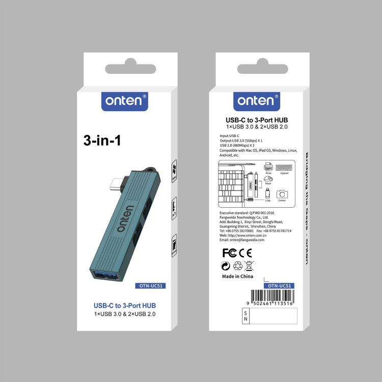 Onten UC51 3 in 1 Type-C to USB HUB(Pine Green)