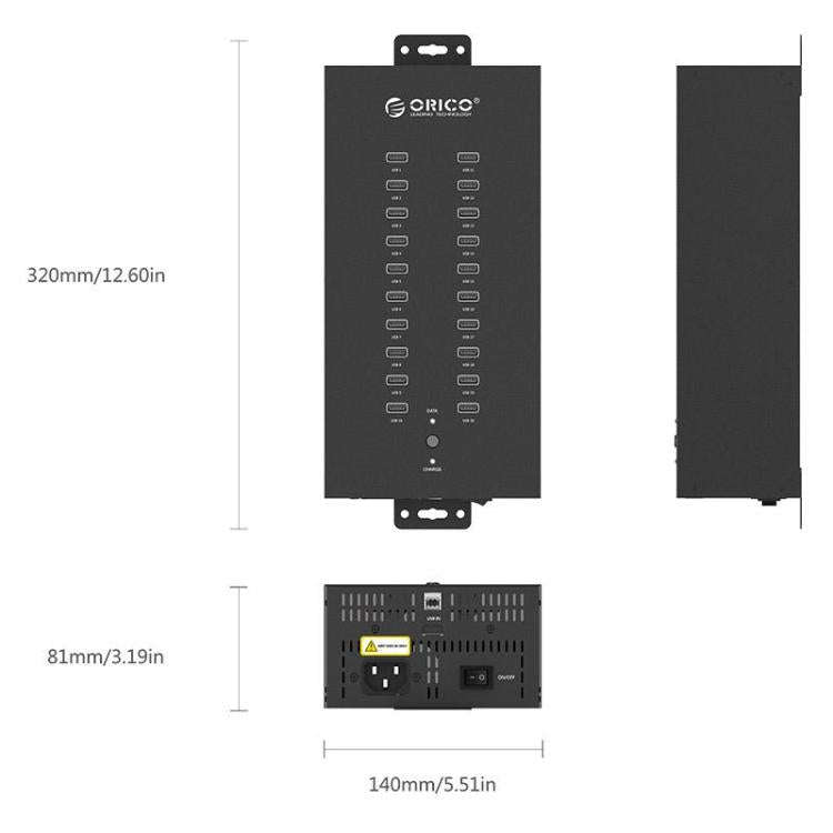 ORICO IH20P Industrial Grade 20 Ports USB 2.0 Hub, Plug:EU Plug(Black)