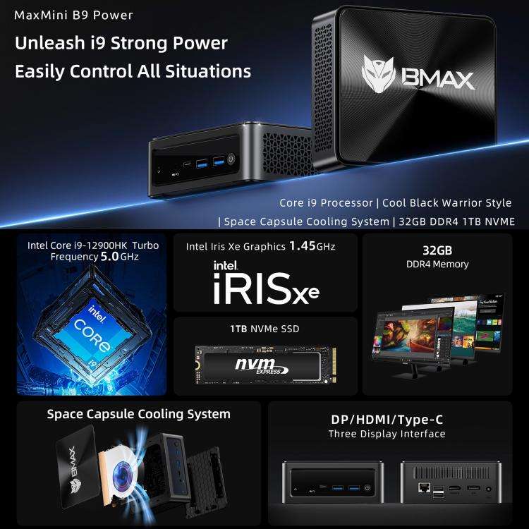 BMAX B9 Power Windows 11 Mini PC, 32GB+1TB, Intel Core i9-12900H, Support 3 Monitors Output(EU Plug)