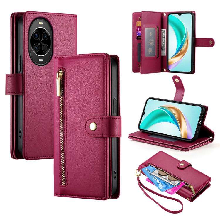 For Huawei nova 14 Nine Card-slot Zipper Wallet Bag Leather Phone Case(Red)
