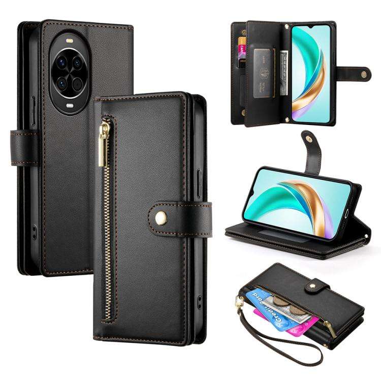 For Huawei nova 14 Nine Card-slot Zipper Wallet Bag Leather Phone Case(Black)