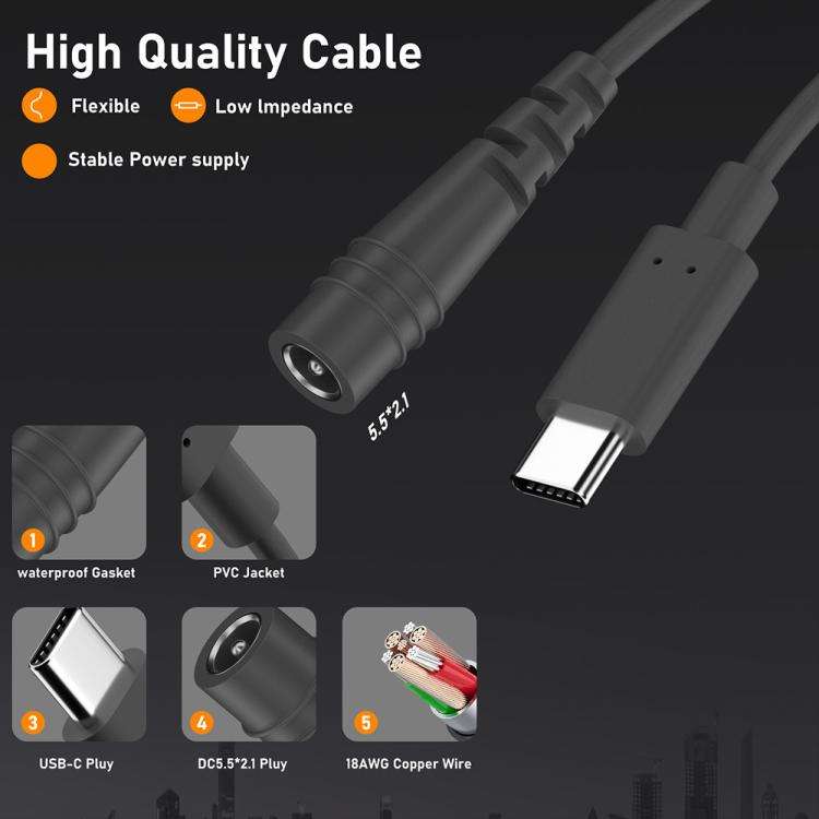 Type-C to DC 5.5x2.1mm 100W Computer Charging Adapter, Length:3m