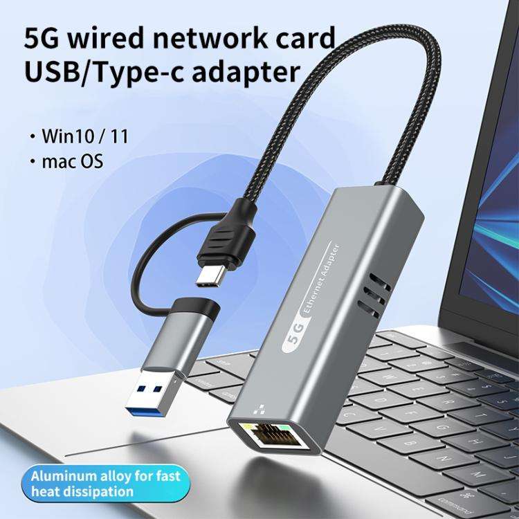 USB-C / Type-C and USB3.0 to RJ45 5G Gigabit Wired Ethernet Network Adapter(Grey)