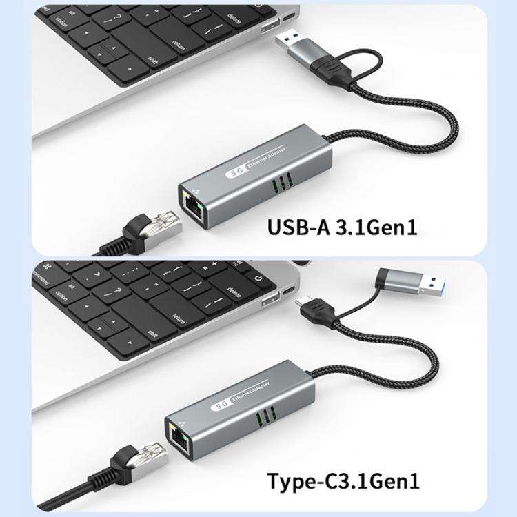 USB-C / Type-C and USB3.0 to RJ45 5G Gigabit Wired Ethernet Network Adapter(Grey)