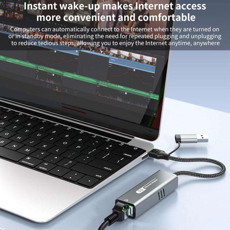 USB-C / Type-C and USB3.0 to RJ45 5G Gigabit Wired Ethernet Network Adapter(Grey)