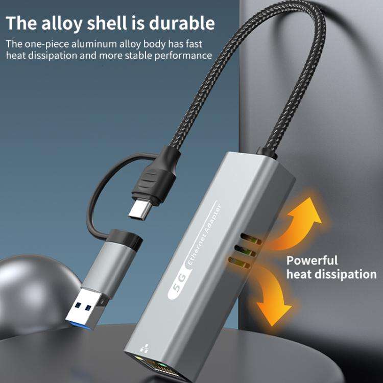 USB-C / Type-C and USB3.0 to RJ45 5G Gigabit Wired Ethernet Network Adapter(Grey)
