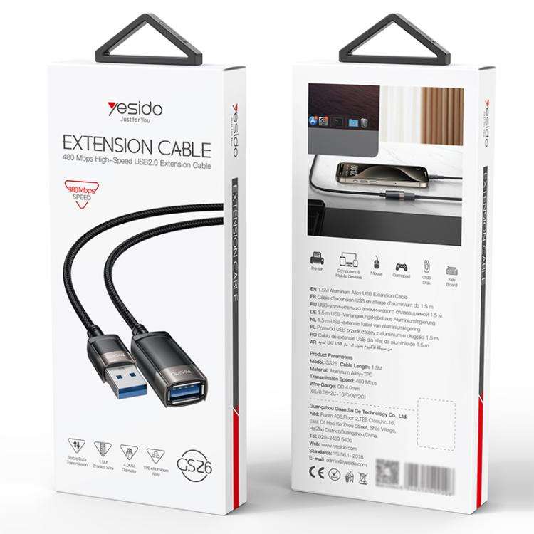 Yesido GS26 480Mbps High Speed USB2.0 Extension Cable, Length: 1.5m(Black)