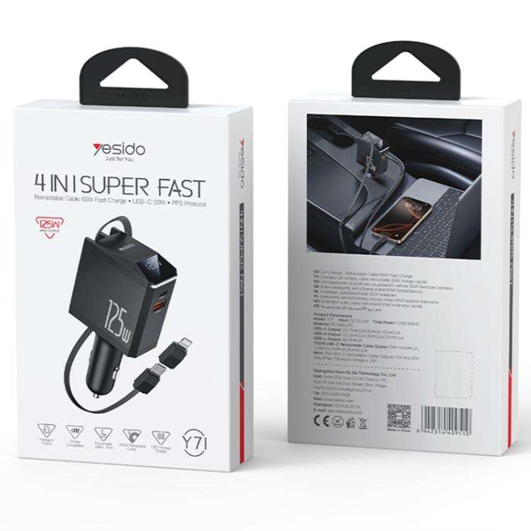 Yesido Y71 125W Type-C + 8 Pin Retractable Cable 3 in 1 Car Charger(Black)