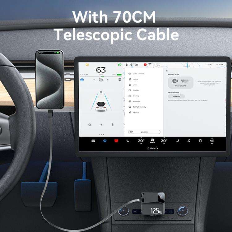 Yesido Y71 125W Type-C + 8 Pin Retractable Cable 3 in 1 Car Charger(Black)