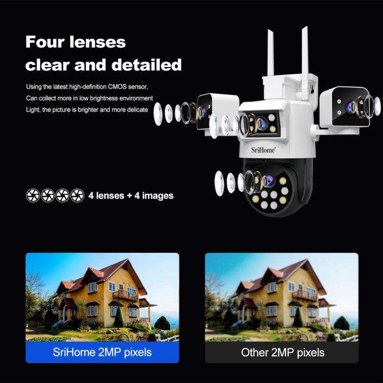 SriHome SH066 8MP HD Quad Lens Security Camera, Support Full Color Night Vision / Two-way Audio(U...