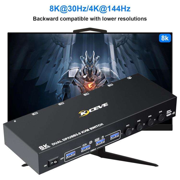 KC-KVM402DP 8K 30Hz 4 Input 2 Output DP / USB3.0 Dual Monitor KVM Switch, EU Plug