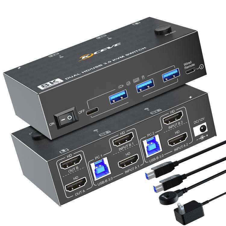 KC-KVM8202 8K 60Hz USB3.0 / HDMI 2-Port Dual Monitor KVM Switch, EU Plug