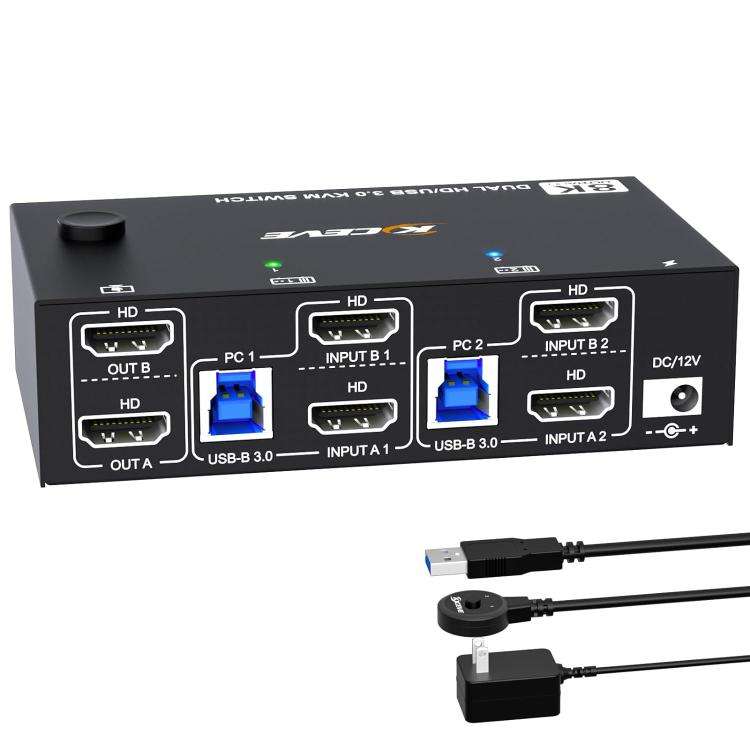 KC-KVM8202 8K 60Hz USB3.0 / HDMI 2-Port Dual Monitor KVM Switch, EU Plug