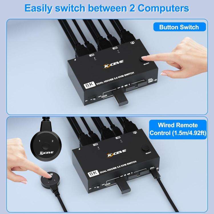 KC-KVM8202 8K 60Hz USB3.0 / HDMI 2-Port Dual Monitor KVM Switch, EU Plug