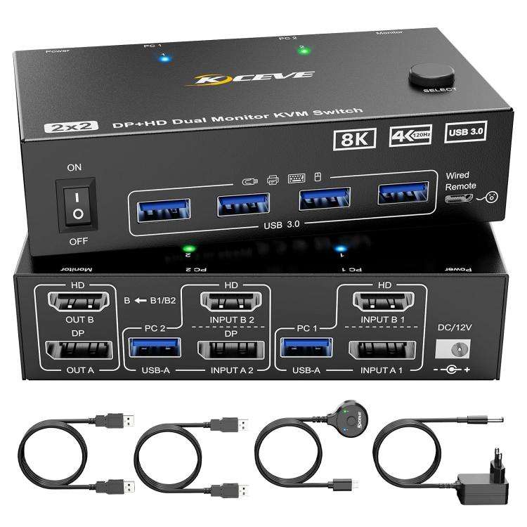 KC-KVM8202DH 8K 60Hz HDMI and DP and USB3.0 Dual Monitor KVM Switch, US Plug