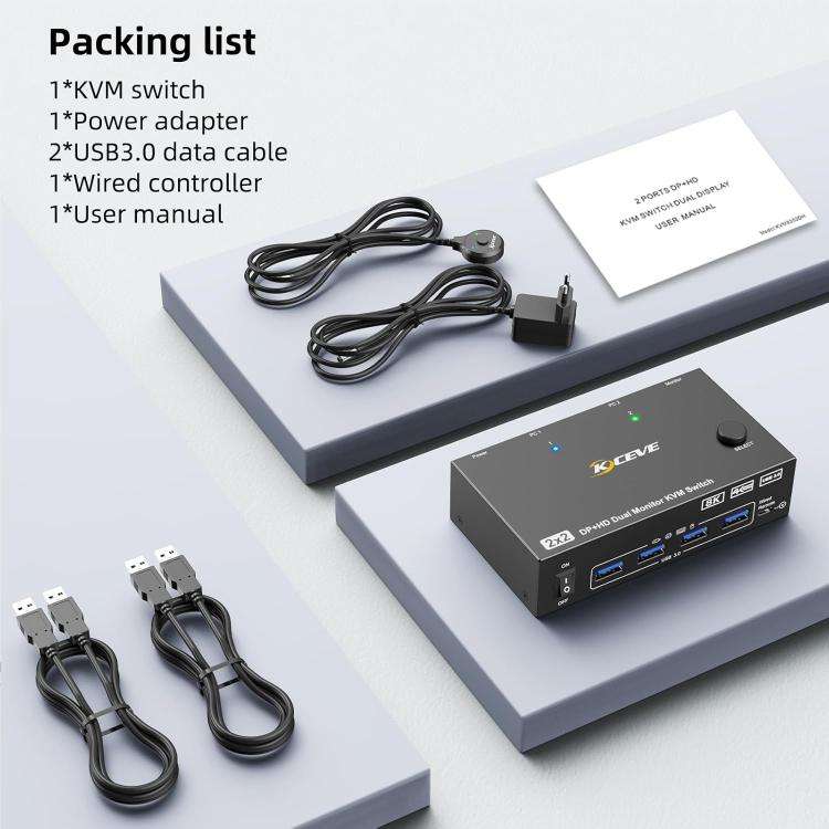 KC-KVM8202DH 8K 60Hz HDMI and DP and USB3.0 Dual Monitor KVM Switch, US Plug
