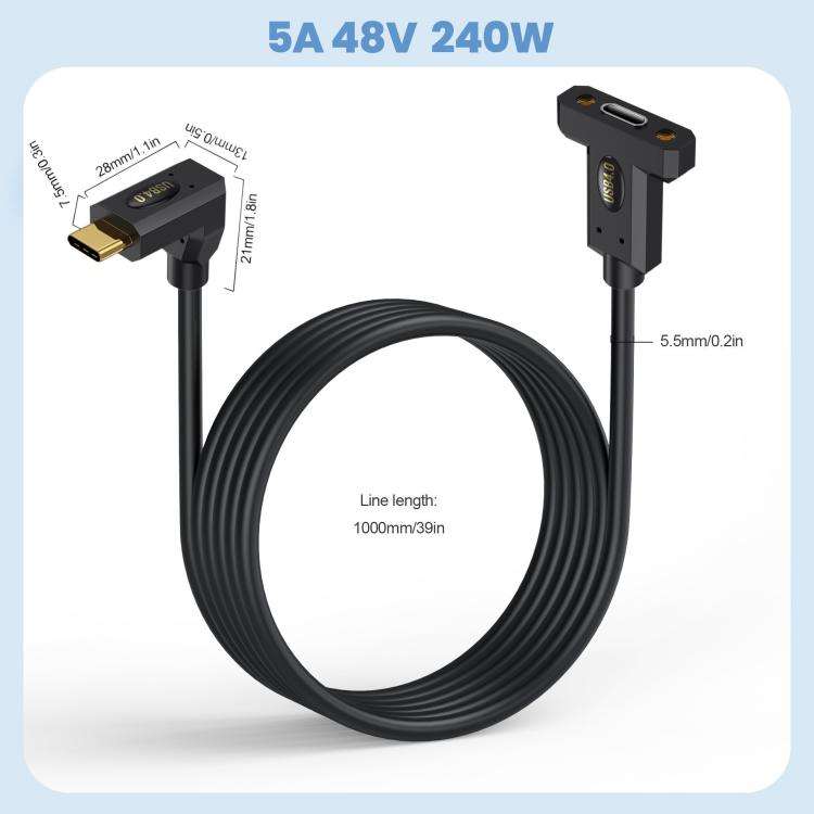 Type-C Straight Elbow to Type-C Female Screw Fixed Panel Extension Cable with Ear, Length:0.3m
