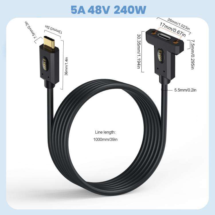 Type-C Male Straight to Type-C Female Screw Fixed Panel Extension Cable with Ear, Length:1m