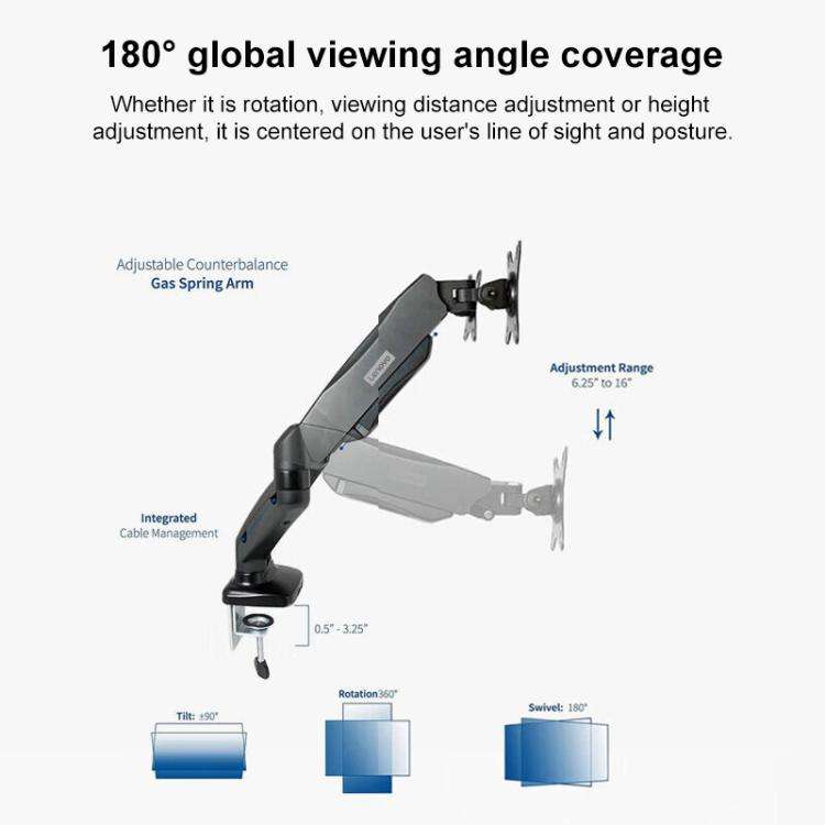 Lenovo Thinkplus ZJA1 Clip-on Desktop Dual-Arm Monitor Holder(Black)