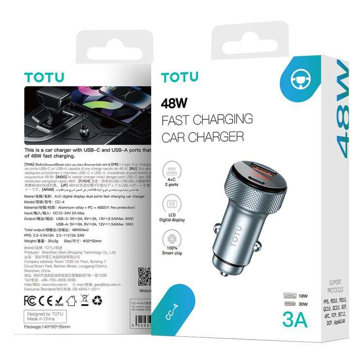 TOTU CC-4 48W USB-A and USB-C / Type-C Digital Display Dual Ports Fast Charging Car Charger(Grey)