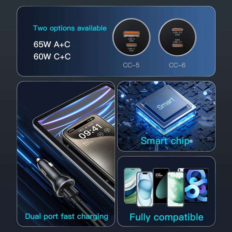 TOTU CC-5 65W USB-A and USB-C / Type-C Dual Ports Fast Charging Car Charger(Black)