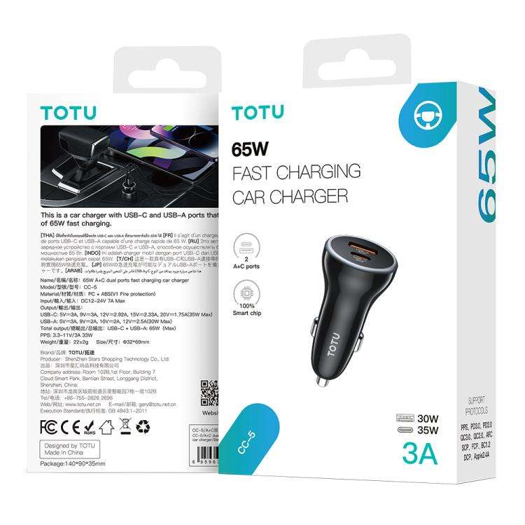 TOTU CC-5 65W USB-A and USB-C / Type-C Dual Ports Fast Charging Car Charger(Black)