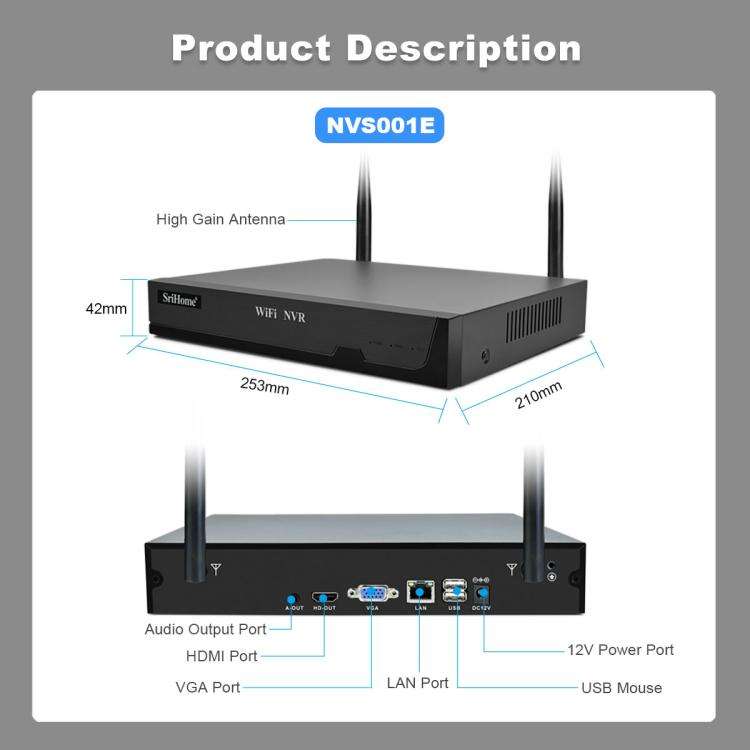 SriHome NVS001E-IPC039B 5MP 8CH HD NVR Wireless Cameras Set, Plug:US Plug