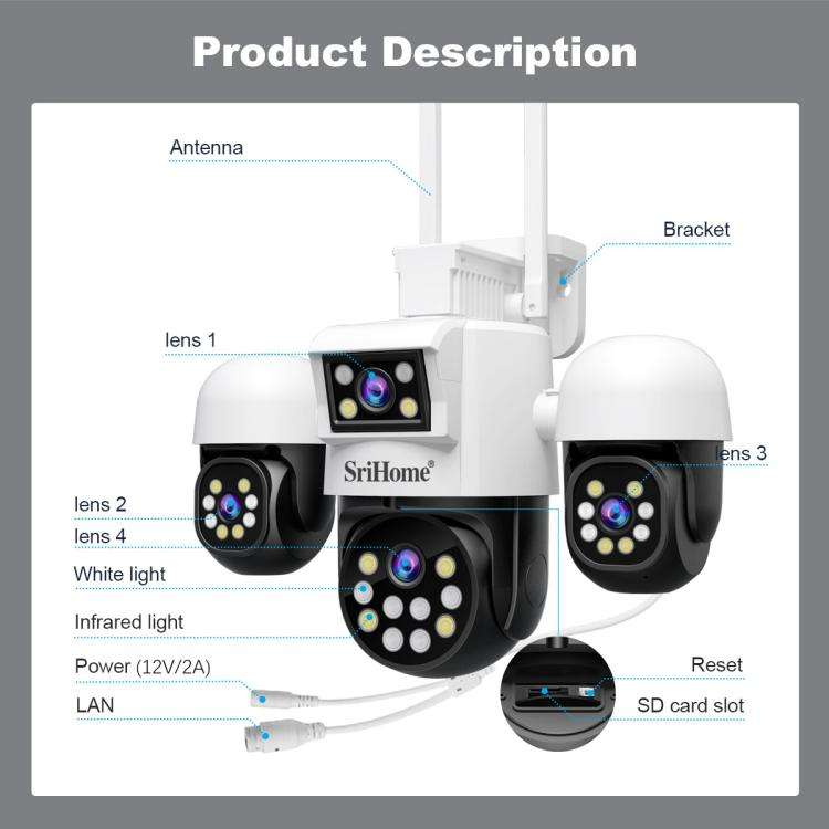 SriHome SH069 8MP 3X Digital Zoom HD Quad-lens Security Camera, Plug:UK Plug