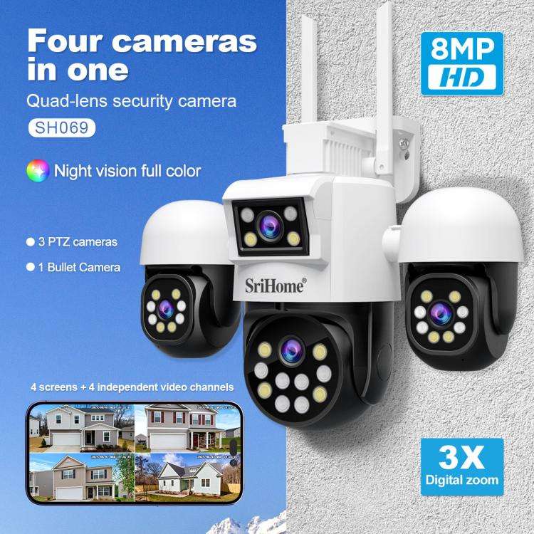 SriHome SH069 8MP 3X Digital Zoom HD Quad-lens Security Camera, Plug:UK Plug