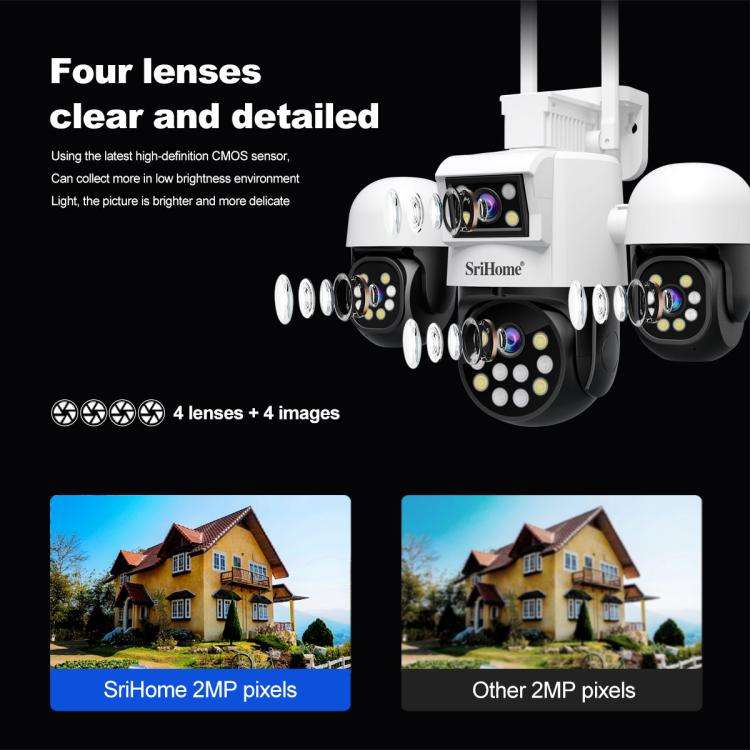 SriHome SH069 8MP 3X Digital Zoom HD Quad-lens Security Camera, Plug:UK Plug
