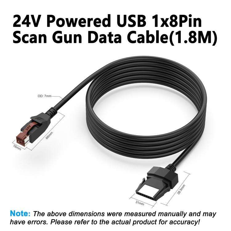 24V Powered USB to 8 Pin Stecker Data Cable for Printers POS Systems, Length:1.8m(Black)