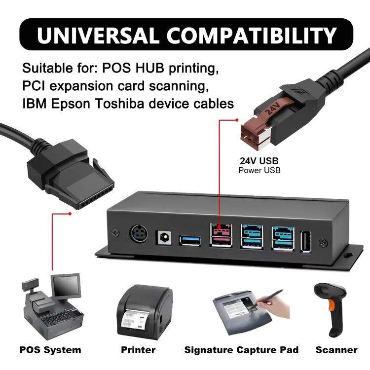 24V Powered USB to 8 Pin Stecker Data Cable for Printers POS Systems, Length:1.8m(Black)