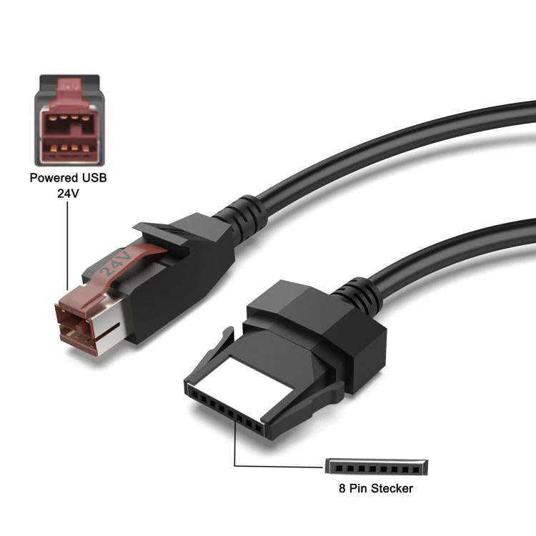 24V Powered USB to 8 Pin Stecker Data Cable for Printers POS Systems, Length:1.8m(Black)