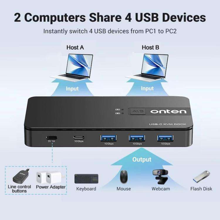 Onten KVM200 USB 3.2 Gen2 Sharing Switch 2 In 4 Out(Black)