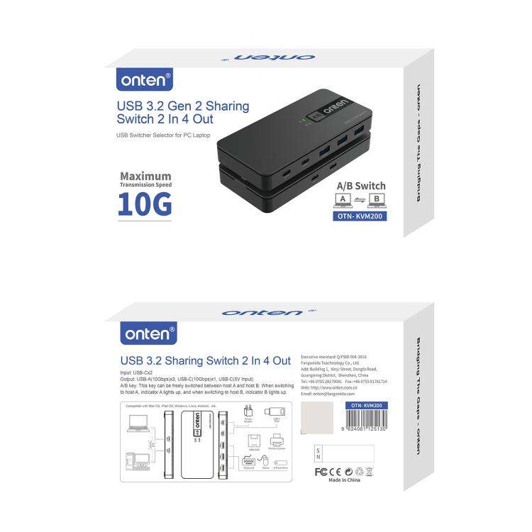 Onten KVM200 USB 3.2 Gen2 Sharing Switch 2 In 4 Out(Black)