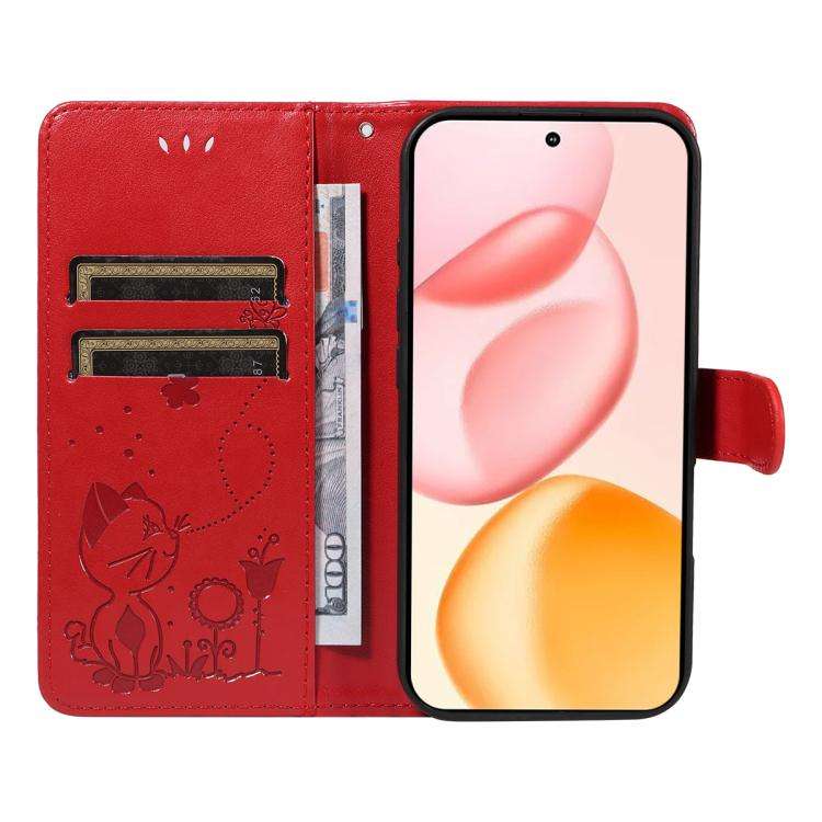 For Honor 400 Global 156.5mm Cat and Bee Embossed Flip Leather Phone Case(Red)