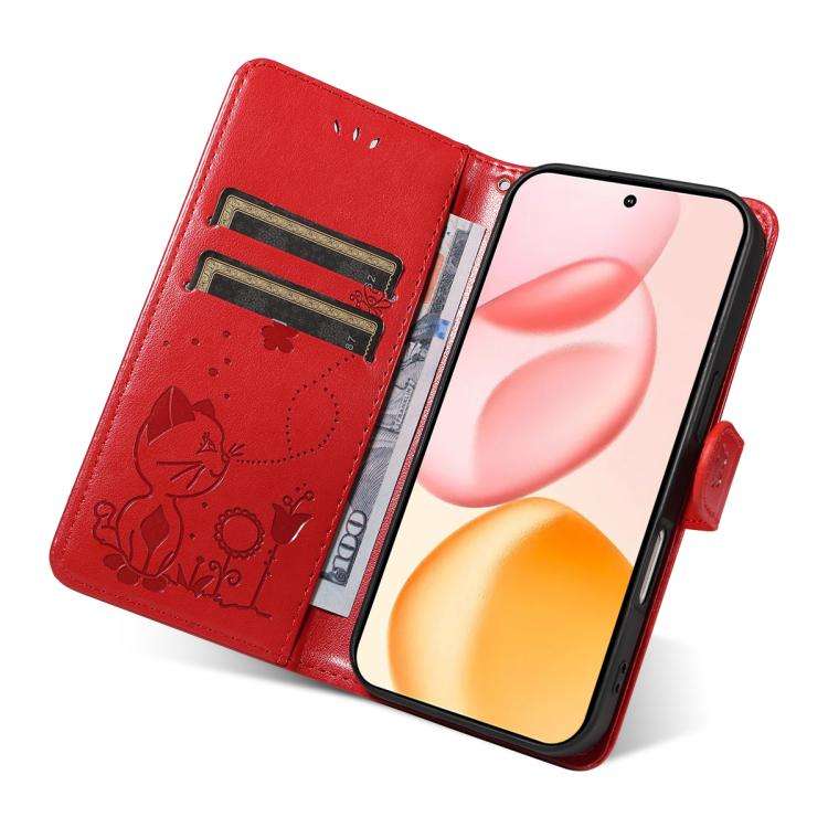 For Honor 400 Global 156.5mm Cat and Bee Embossed Flip Leather Phone Case(Red)