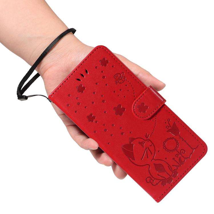 For Honor 400 Global 156.5mm Cat and Bee Embossed Flip Leather Phone Case(Red)