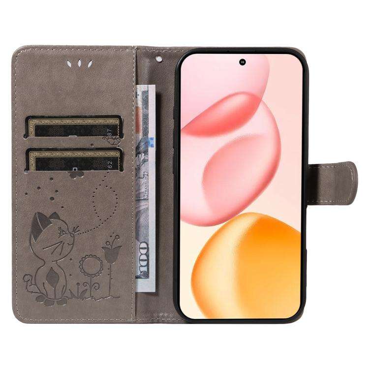 For Honor 400 Global 156.5mm Cat and Bee Embossed Flip Leather Phone Case(Grey)