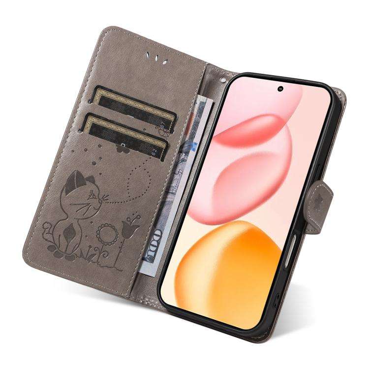 For Honor 400 Global 156.5mm Cat and Bee Embossed Flip Leather Phone Case(Grey)