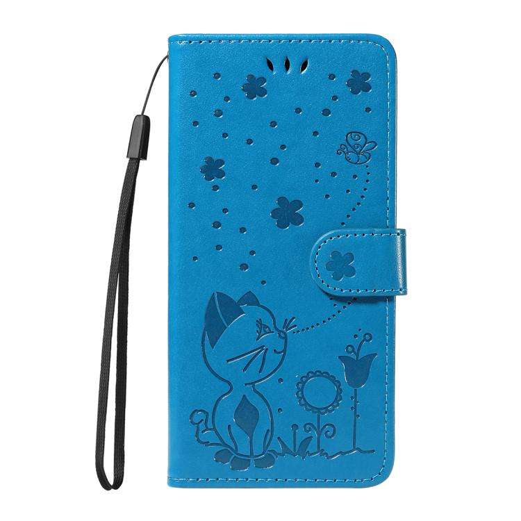For Honor 400 Global 156.5mm Cat and Bee Embossed Flip Leather Phone Case(Blue)